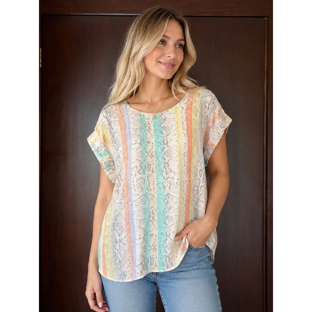 Pastel Snakeskin Print Blouse Medium Short Sleeve Lightweight Apt. 9